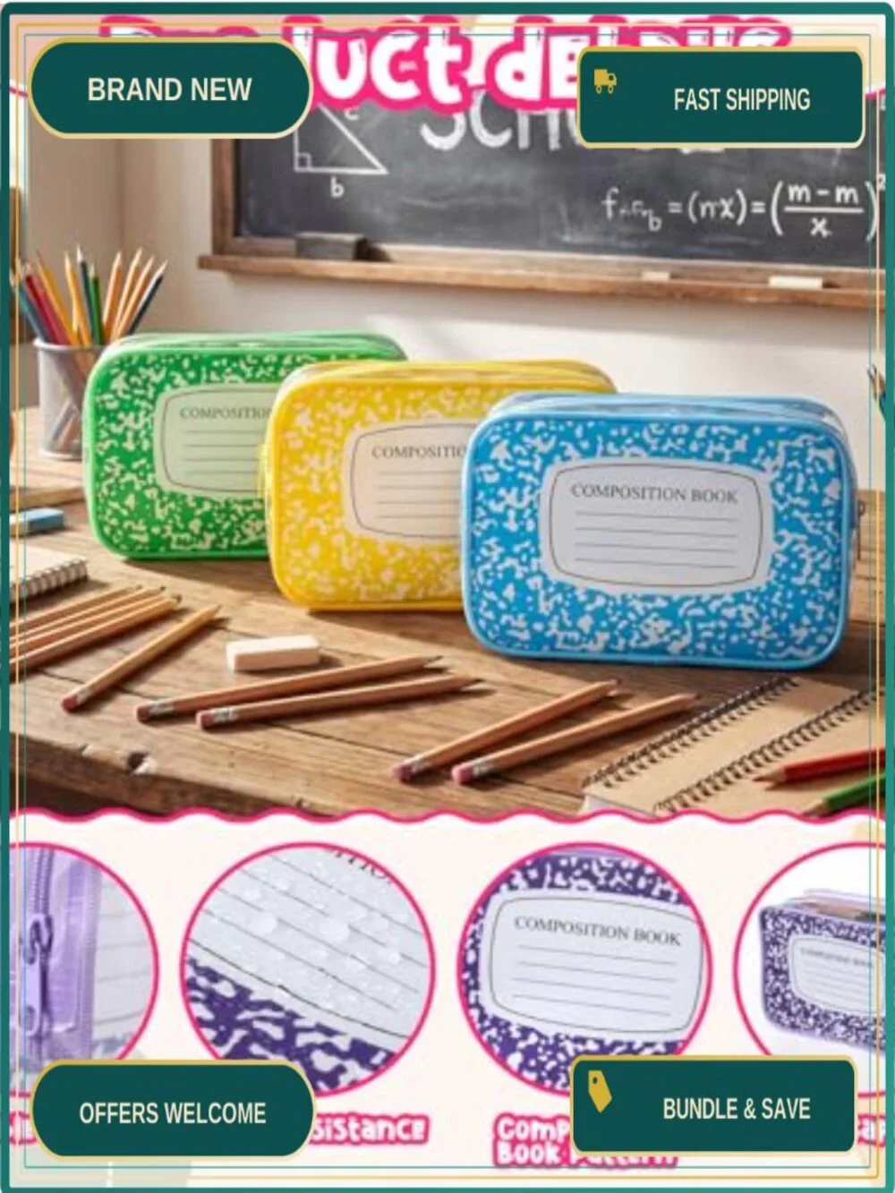 12 Clear PVC Waterproof Cosmetic Pouches with Marble Notebook Design